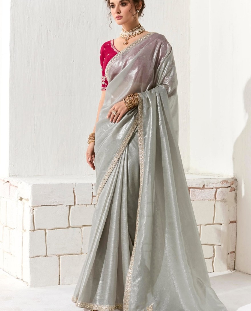 2218 - Bewitching Grey Zari Work Tissue Silk Reception Wear Saree
